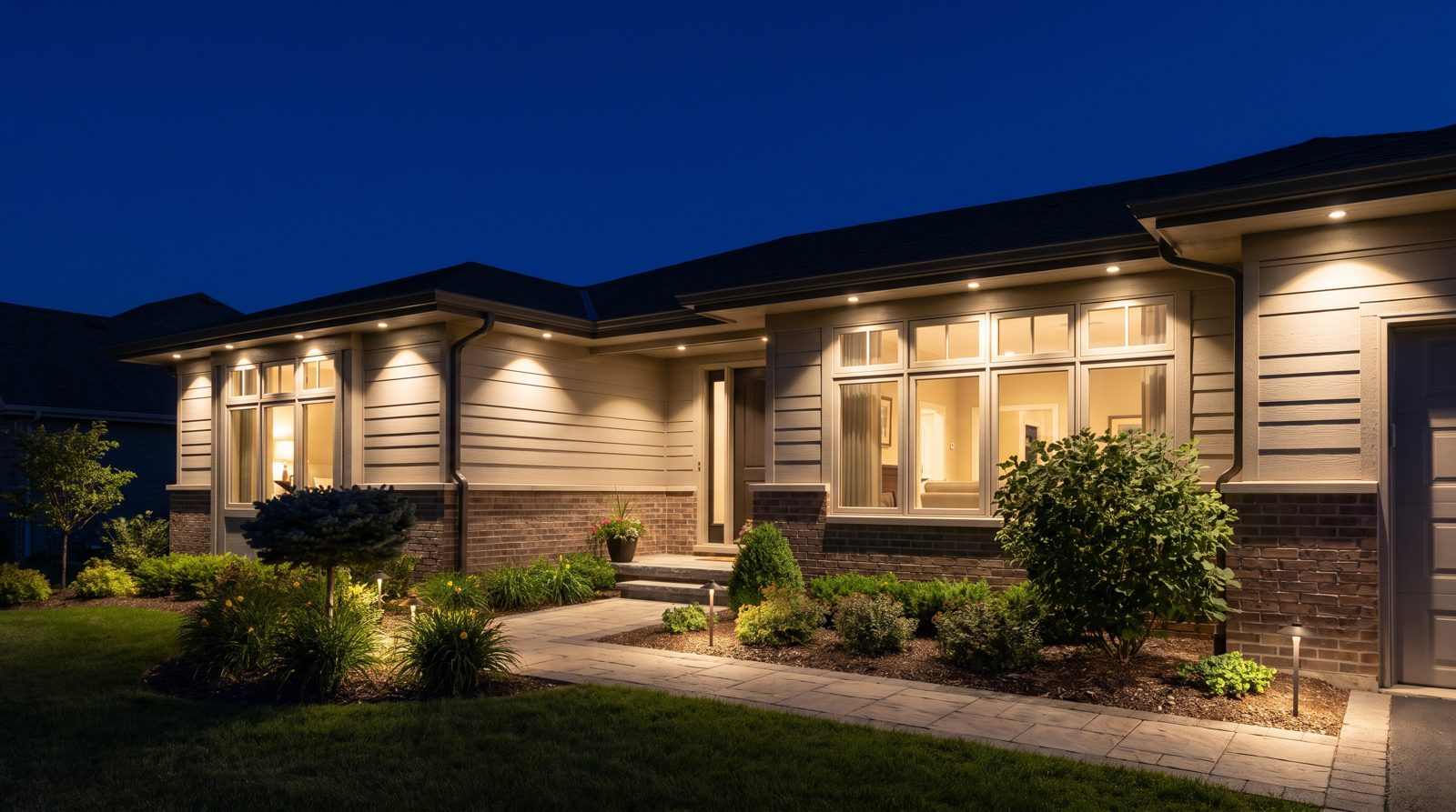 Wide night exterior of a home with the whole roofline outlined in warm white recessed LED pucks set into charcoal aluminum track